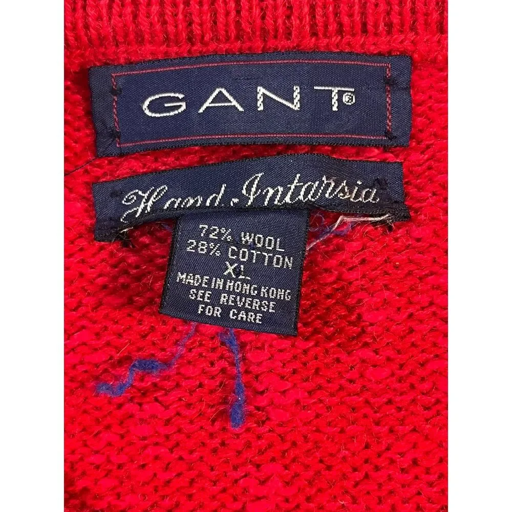 VTG Gant Wool Blend Red Plaid Sweater Pullover Grandpa Y2K Mens XL Cabin Cozy
